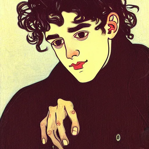 Image similar to painting of young cute handsome beautiful dark medium wavy hair man in his 2 0 s named shadow taehyung at the halloween pumpkin party, straight nose, depressed, melancholy, autumn, tokyo, elegant, clear, painting, stylized, delicate, soft facial features, delicate facial features, soft art, art by alphonse mucha, vincent van gogh, egon schiele