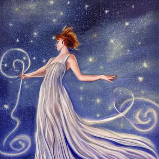 Image similar to loose, dynamic by matti suuronen. a conceptual art of a woman with wings made of stars, surrounded by a blue & white night sky. the woman is holding a staff in one hand, & a star in the other. she is wearing a billowing dress, & her hair is blowing in the wind.