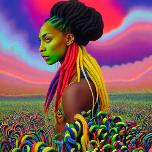 Image similar to a wide angle shot of a black girl with colorful dreadlocks in a field of candy, by Adi granov and afarin sajedi and amanda sage and evgeni gordiets and Agostino Arrivabene and adonna khare in a psychedelic portrait style, ultrarealistic matte painting, volumetric lighting, fractal, extremely symmetrical, highly detailed face, orisha, 8k, hd