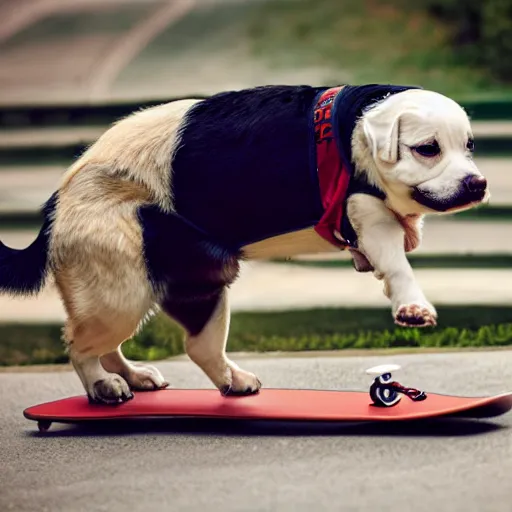 Image similar to morbidly obese dog riding a skateboard, photograph, 4 k