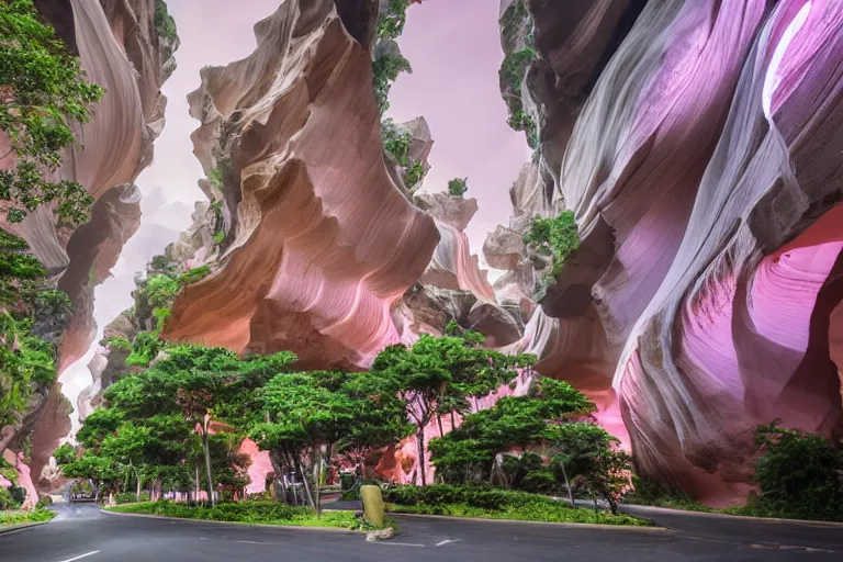 Image similar to futuristic luxurious street with Singaporean lush onsen with royal white and pink and white and luxurious gold colors, advanced civilization, high-end onsen, at the Antelope canyon with rocks formed by water erosion, walls made of beautiful smooth sandstone light beams that shine, polish narrow slots of walls into a striated swirling finish, waterfalls flowing with a volcanic lava eruption, lavs flowing through the land, digital painting, concept art, smooth, sharp focus, from Star Trek 2021, illustration, by WLOP and Ruan Jia and Mandy Jurgens and William-Adolphe Bouguereau, Artgerm