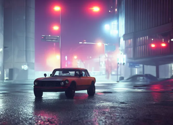 Image similar to gta in moscow, playstation 5 screenshot, mega details, dark night, orange lights, heavy rain, fog, beautiful rtx reflections, brutalism buildings, photorealistic, unreal engine 5, octane render, volumetric light, cg society, 4 k, bokeh, lada car, artstation