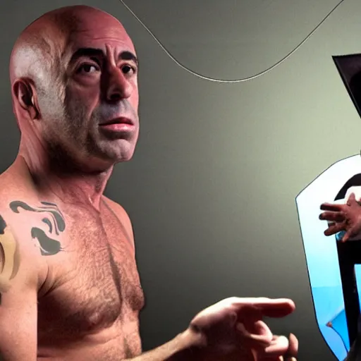 Image similar to joe rogan interviewing an inter - dimensional dmt alien, octane render