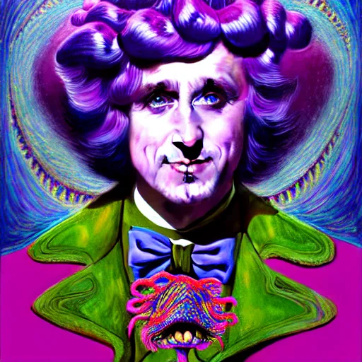 Prompt: an extremely psychedelic portrait of willy wonka as medusa, surreal, lsd, face, detailed, intricate, elegant, lithe, highly detailed, digital painting, artstation, concept art, smooth, sharp focus, illustration