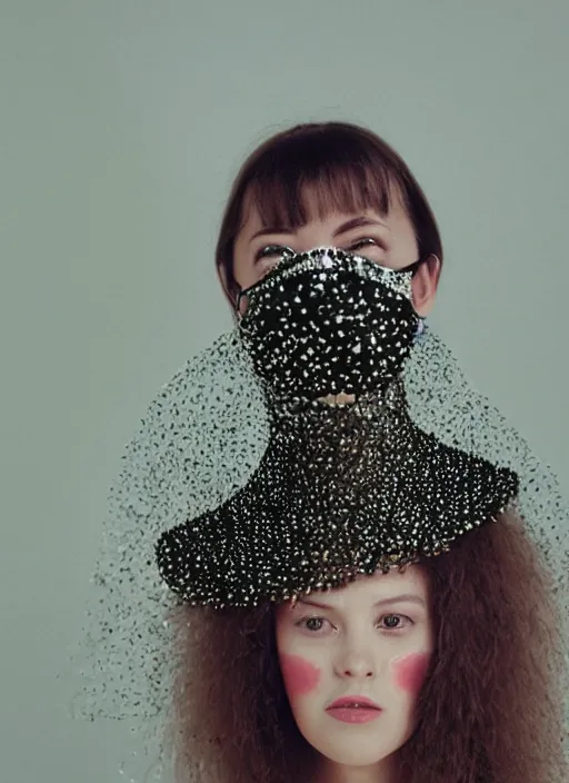 Prompt: a fashion portrait photograph of a woman wearing a mask made of small spheres designed by balenciaga, 3 5 mm, color film camera,