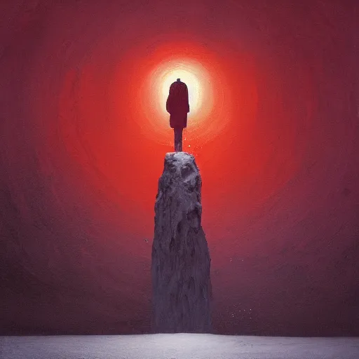 Image similar to a painting of a person standing in the snow, a surrealist painting by zdzisław beksinski and by alena aenami, deviantart, nuclear art, dystopian art, apocalypse landscape, surrealist