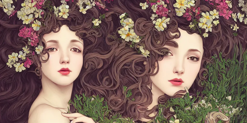 Image similar to a portrait of a very seductive young woman, hair full of gigantic flowers and tentacles, photoillustration, realistic, closeup, facing the camera, dramatic lighting, in the style of WLOP and Alphonse Mucha and Kim Deuk-sin