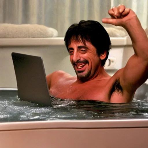 Image similar to al pacino scarface hot tub scene, except he is smiling and holding a laptop