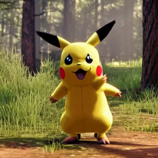 Prompt: Pikachu as wildlife in a forest in Red Dead Redemption 2