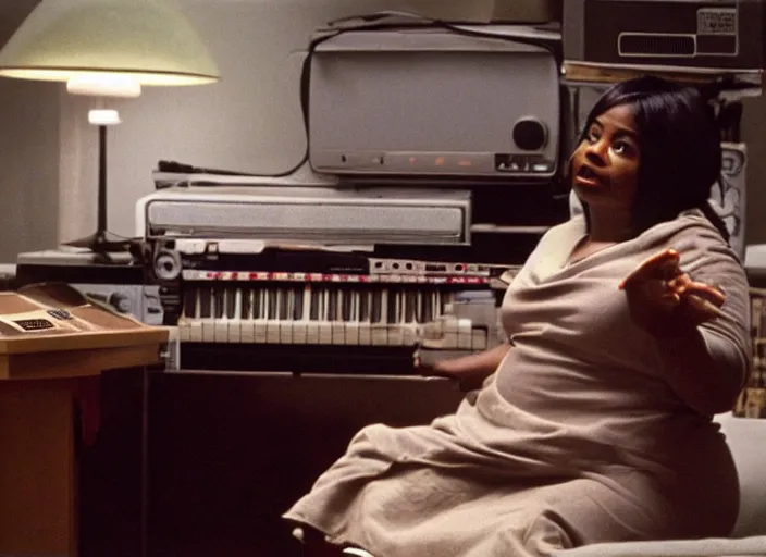 Prompt: cinematic shot of octavia spencer stressed out in an cramped used electronics store next to an old electronic keyboard, iconic scene from the paranoid thriller sci fi film directed by stanley kubrick, anamorphic cinematography, beautiful composition, color theory, leading lines, photorealistic