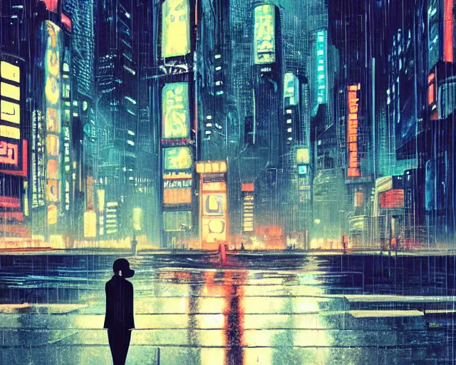 Image similar to a woman standing in front of a city at rainy night, cyberpunk bladerunner 1 9 8 2 art by ilya kuvshinov, cgsociety, retrofuturism, ilya kuvshinov, artstation hd, artstation hq