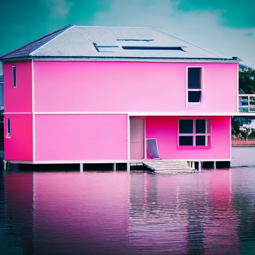 Image similar to dream a 5 0 mm lens photograph of a cute pink floating modern house, floating in the air between clouds, inspired by the movie up, held up from above by heart ballons. mist, playful composition canon, nikon, award winning, photo of the year