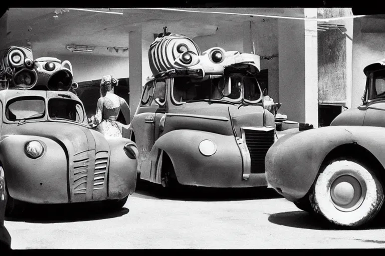 Prompt: mia and tia from the movie cars as war machines. photograph 35mm. ww2 footage. black and white.