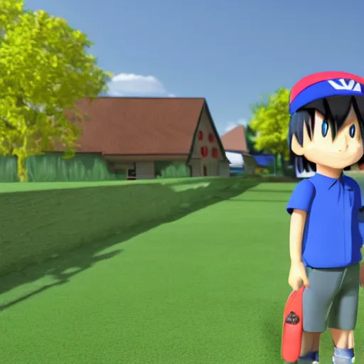 Image similar to 3 d render of ash ketchum, in the background pallet town