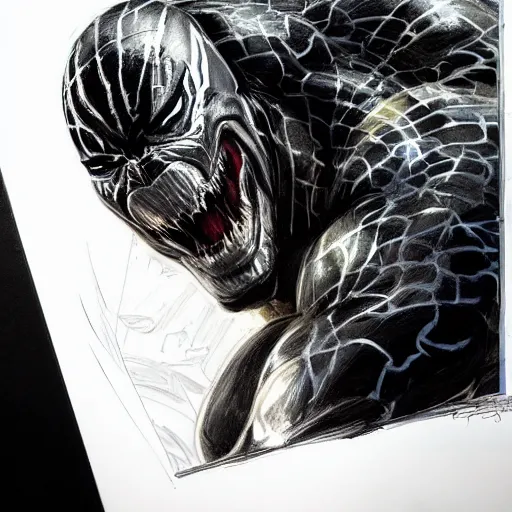 Image similar to a sketch of dwayne the rock johnson as venom the symbiote | venom movie | cinematic lighting | award - winning | closeup portrait | by donato giancola and mandy jurgens and charlie bowater | featured on artstation | pencil sketch | sci - fi alien