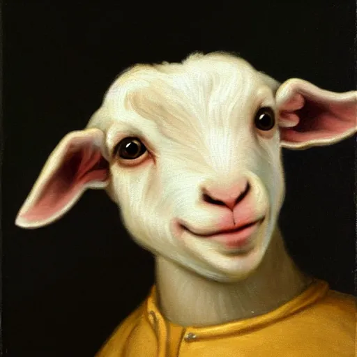 Prompt: a head and shoulders portrait painting of an anthropomorphic!!!!!!!!!! baby goat!!!!!!!!!! wearing a colonial outfit without a hat looking off camera, a character portrait, neoclassicism, oil on canvas, soft focus