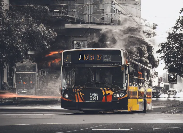 Image similar to a 3 5 mm photo of a city bus with the wheels and engine on fire, splash art, movie still, bokeh, canon 5 0 mm, cinematic lighting, dramatic, film, photography, golden hour, depth of field, award - winning, anamorphic lens flare, 8 k, hyper detailed, 3 5 mm film grain