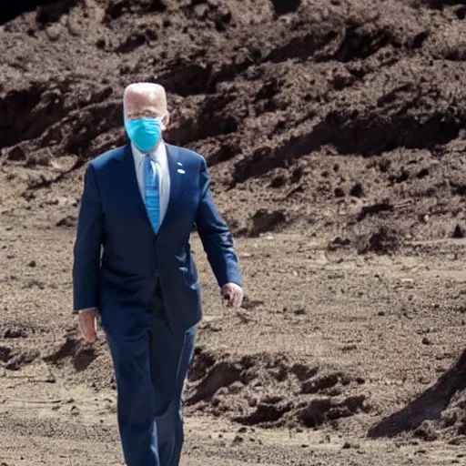 Image similar to a color photo taken from a distance of joe biden walking in a wasteland