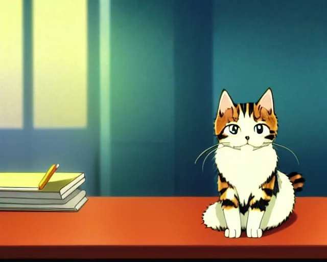 Prompt: anime fine details portrait of joyful cute cat in school class room at night, bokeh. anime masterpiece by Studio Ghibli. 8k, sharp high quality classic anime from 1990 in style of Hayao Miyazaki
