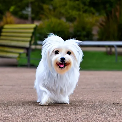 Image similar to a photograph of ellie the maltese playing at the park, hyperrealism, photo realistic, canon pro