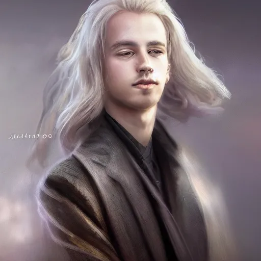 Prompt: a portrait of a young handsome prince with white fringy hair, elegant, beautiful, backlit, incredible lighting, strong rim light, highly detailed, god rays, digital painting, HDRI, by Heise Jinyao, Heise-Lian Yan Fang, Feimo, Richard Taddei, vivid colors, high contrast, 8k resolution, intricate, photorealistic, smooth