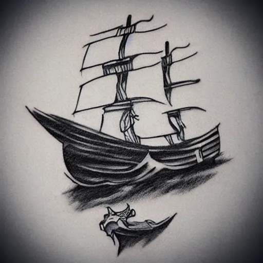 Image similar to realism tattoo design sketch of a pirate ship, by Sivak