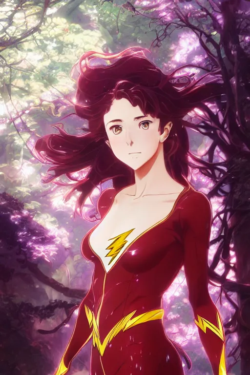 Prompt: anime key visual of a beautiful young female the flash!! intricate, magical forest, stunning, highly detailed, digital painting, artstation, smooth, hard focus, illustration, art by artgerm and greg rutkowski and alphonse mucha