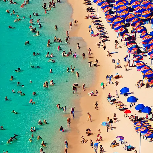 Image similar to photograph beachscapes from an almost perpendicular angle, Aerial view of sandy beach with umbrellas and sea, Aerial of a crowded sandy beach with colourful umbrellas, sun bathers and swimmers during summer, by Tommy Clarke