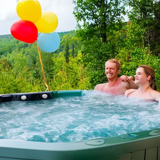 Image similar to people in a hot tub by a cabin in nature, everyone holding a balloon each