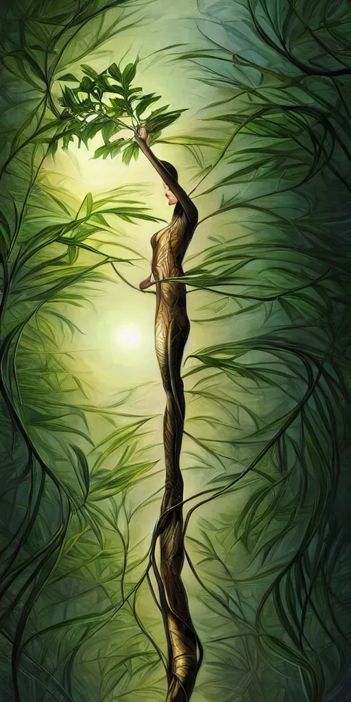 Image similar to a thin tree with an extremely long trunk, spherical foliage, low angle, ant perspective, fantasy digital painting by artgerm and leyendecker, surreal, photorealistic