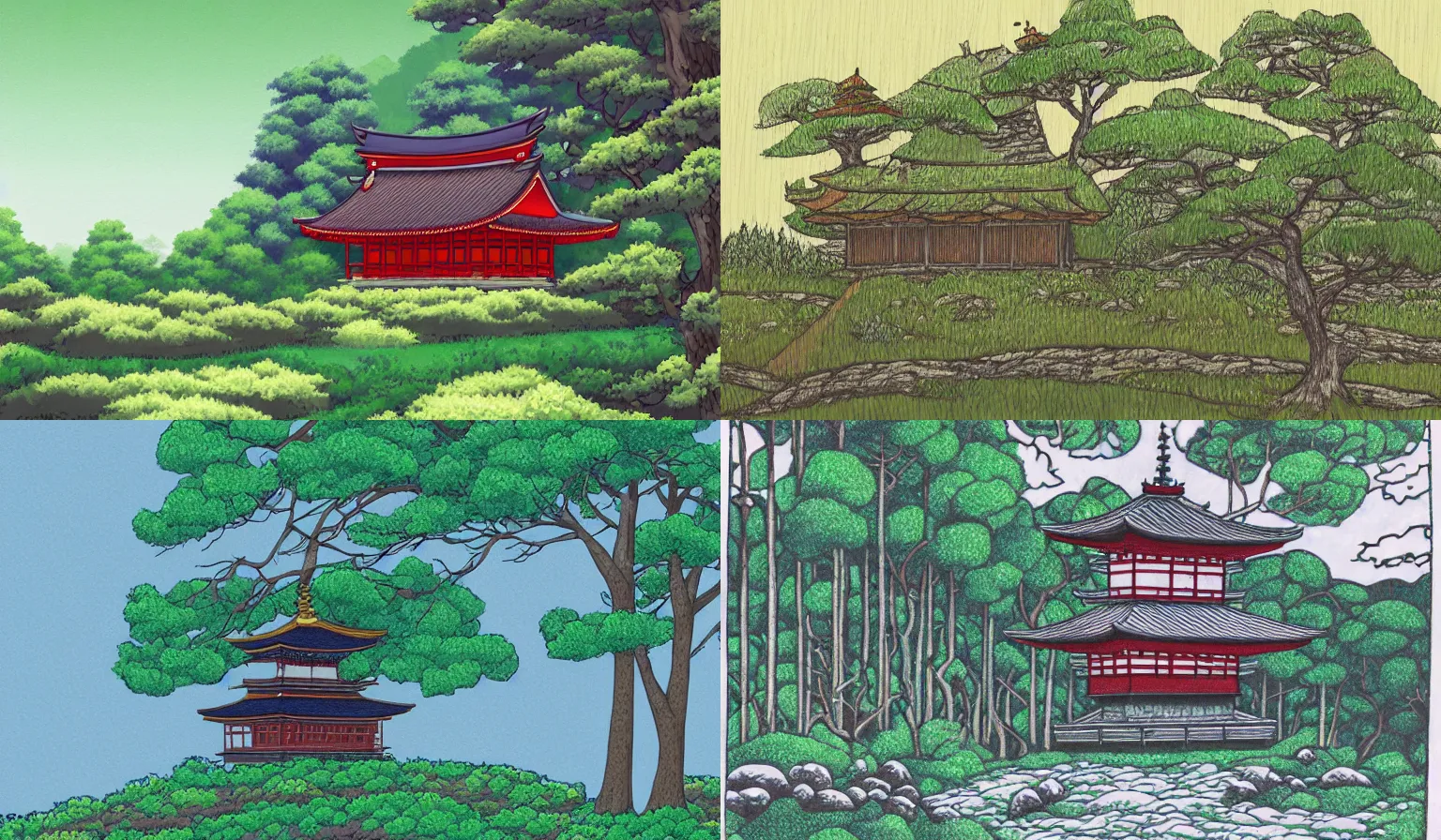 Prompt: forest landscape with a singular building in the style of kyoto animation