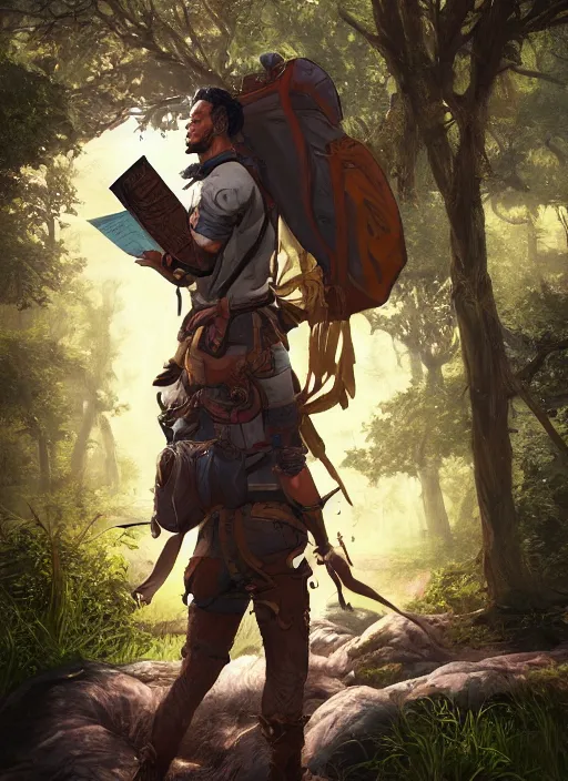 Image similar to an epic fantasy comic book style portrait painting of a male fantasy explorer in the wilds with a backpack and map, unreal 5, daz, hyperrealistic, octane render, cosplay, rpg portrait, dynamic lighting