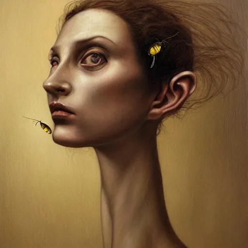 Prompt: a hyperrealistic painting of a beautiful woman with the head of a fly, by santiago caruso, highly detailed,