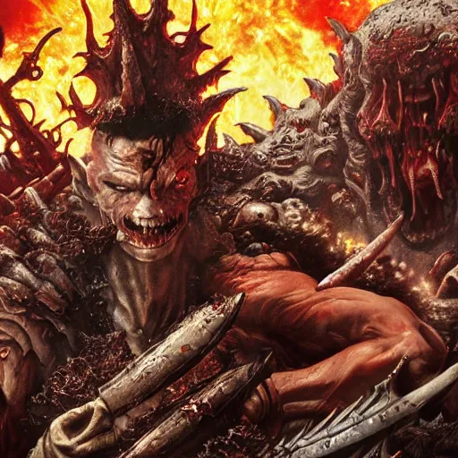 Prompt: Guts from Berserk and the Doom Slayer massacring a horde of demons in hell, wide angle lens, plains of hell, cinematic, hyperrealistic