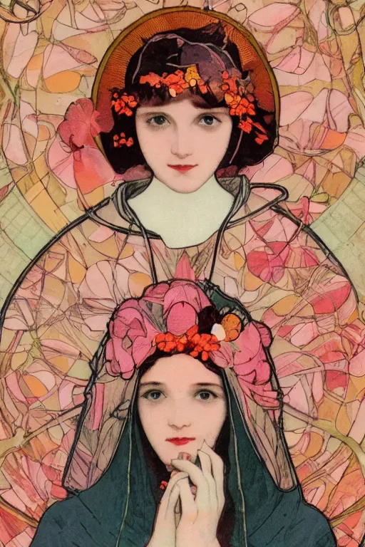 Image similar to a Girl in a large hood sitting on the ground , Slices of orange, cd , microphones ,pink Petals,graphic Design by rella and mucha ,Refreshing colour