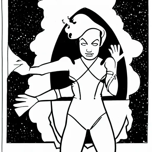 Image similar to clean simple line art with heavy black outlines of a woman floating in space wearing a space suit. no background. well composed, clean coloring book page, beautiful detailed face. coloring book line art by mike mignola and steve ditko