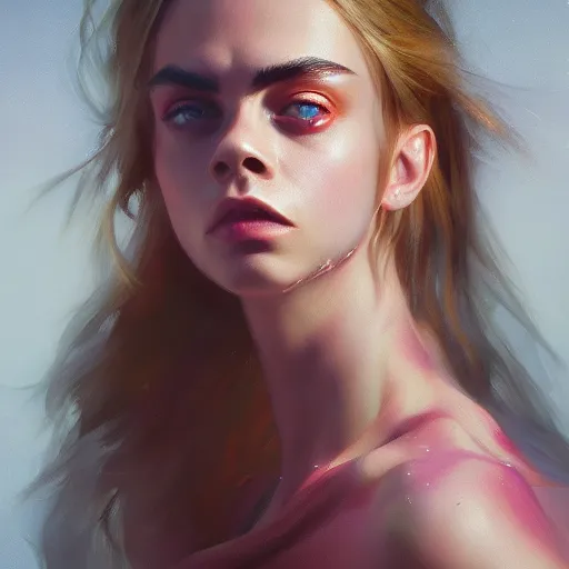 Image similar to cara delevingne, colorful oil painting by greg rutkowski, charlie bowater, yuumei, yanjun cheng, unreal 5, daz, hyperrealistic, octane render, rpg portrait, dynamic lighting, fantasy art, beautiful face