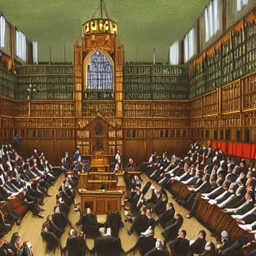 Image similar to a realistic painting of the british house of commons filled with chimpanzees arguing