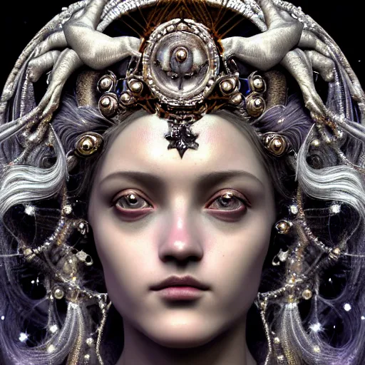 Prompt: baroque closeup renaissance portrait of a beautiful moon goddess with stars in her hair, reflective detailed textures, glittering silver ornaments, dark fantasy science fiction painting by diego rivera and jean delville and ruan jia and nicholas roerich and annie swynnerton, dramatic lighting, gleaming silver and rich colors, floral tattoos, artstation, octane render