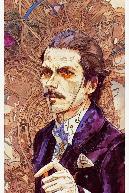 Image similar to zoomed out portrait of a german duke, stylized illustration by yoshitaka amano and moebius, watercolor gouache detailed paintings, mucha vibe, dieselpunk, solarpunk, artstation