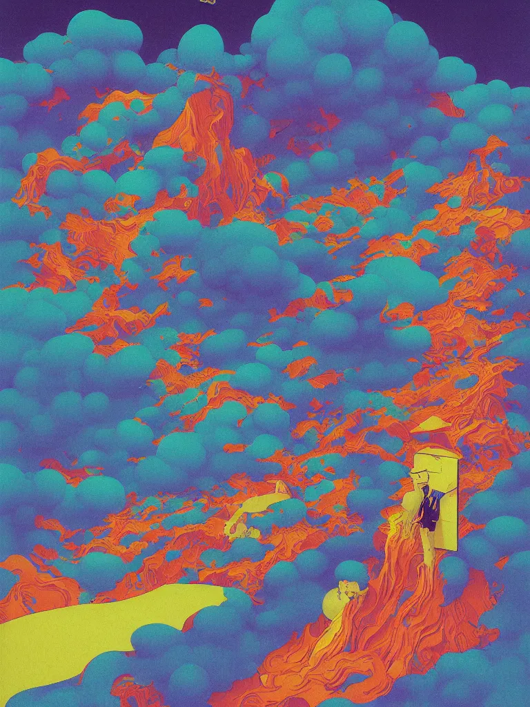 Image similar to a paper blotter tab of LSD acid melting into a surreal psychedelic hallucination, screenprint by kawase hasui, moebius, Edward Hopper and James Gilleard, Zdzislaw Beksinski, Steven Outram colorful flat surreal design, hd, 8k, artstation