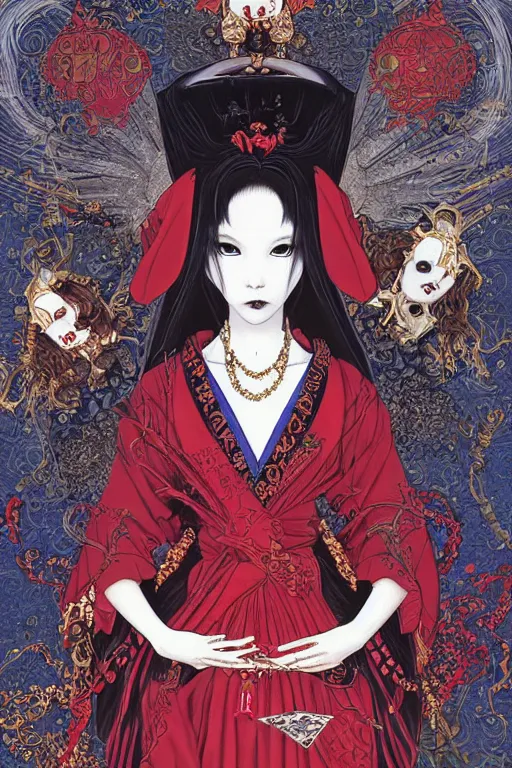 Prompt: thoth tarot card of an avant - garde japanese bjd geisha vampire queen with porcelain skin in victorian red dress in the style of dark - fantasy lolita fashion painted by yoshitaka amano, takato yamamoto, james jean, dmt art, symmetrical vogue face portrait, intricate detail, artstation, cgsociety, artgerm, gold skulls, rococo