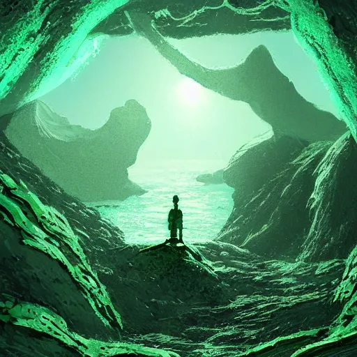 Image similar to a scary glowing green scifi portal to another world in darwin's arch in the galapagos islands, ocean and rock landscape, science fiction, intricate, elegant, highly detailed, digital painting, artstation, concept art, matte, sharp focus, illustration, in an anime style