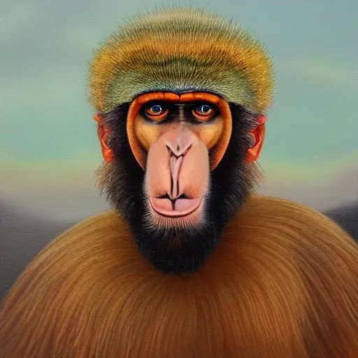 Image similar to An exquisite oil painting of a mandrill baboon dressed like Prince Philip with a lovely beard