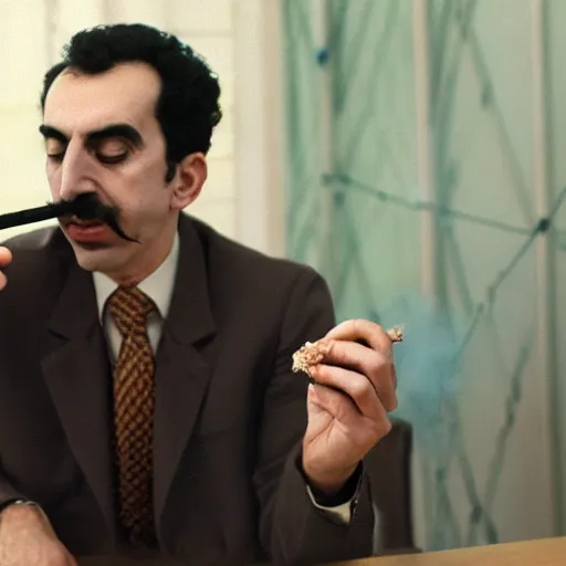 Image similar to A portrait of borat sagdiyev smoking a rolled marijuana joint, 8k, professional photography