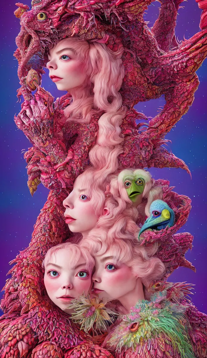 Image similar to hyper detailed 3d render like a Oil painting - kawaii portrait of two Aurora (a beautiful skeksis muppet fae queen from dark crystal that looks like Anya Taylor-Joy) seen red carpet photoshoot in UVIVF posing in scaly dress to Eat of the Strangling network of yellowcake aerochrome and milky Fruit and His delicate Hands hold of gossamer polyp blossoms bring iridescent fungal flowers whose spores black the foolish stars by Jacek Yerka, Ilya Kuvshinov, Mariusz Lewandowski, Houdini algorithmic generative render, Abstract brush strokes, Masterpiece, Edward Hopper and James Gilleard, Zdzislaw Beksinski, Mark Ryden, Wolfgang Lettl, hints of Yayoi Kasuma and Dr. Seuss, octane render, 8k