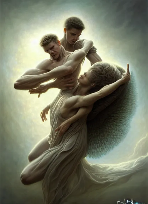 Image similar to man dancing with an angel, fine art, intricate, elegant, highly detailed, realistic hair, centered, digital painting, art station, conceptual art, soft, sharp focus, illustration, artwork, artgerm, tomasz alen kopera, peter mohrbacher, donato giancola, wlop, boris vallejo