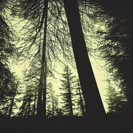 Image similar to eerie polaroid of a peaking out from behind a tree in a forest at dusk