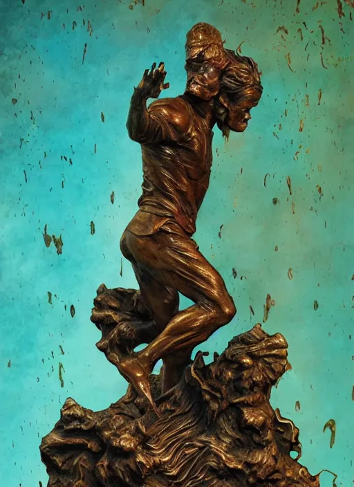 Prompt: An epic fantastic realism comic book style painting of a distressed bronze sculpture from the future by Stanislaw Szukalski, beautiful colorful flowers rain down like gilt marbled paper, turquoise ink highlights, fisheye lens, unreal 5, DAZ, hyperrealistic, octane render, dynamic lighting