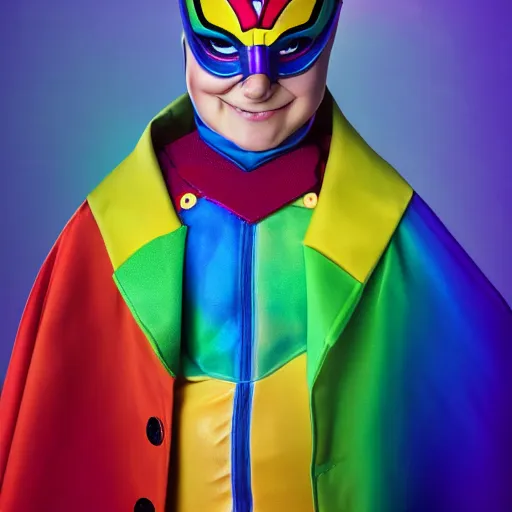 Prompt: a detailed portrait photo of a rainbow themed super hero, super hero costume, super hero mask, cinematic shot